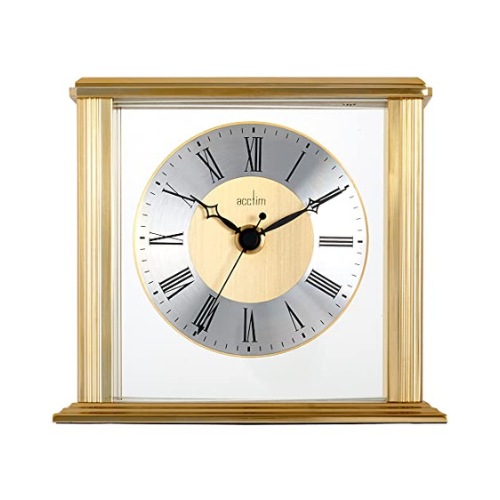 Acctim Hamilton Mantel Clock Quartz Brushed Metal & Glass Floating Effect Energy Efficient Brass